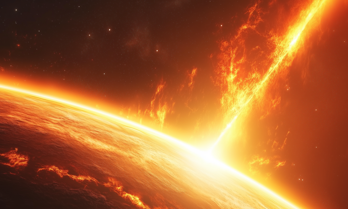 A glowing orange light striking out of the Surface of a Sun, seen from space