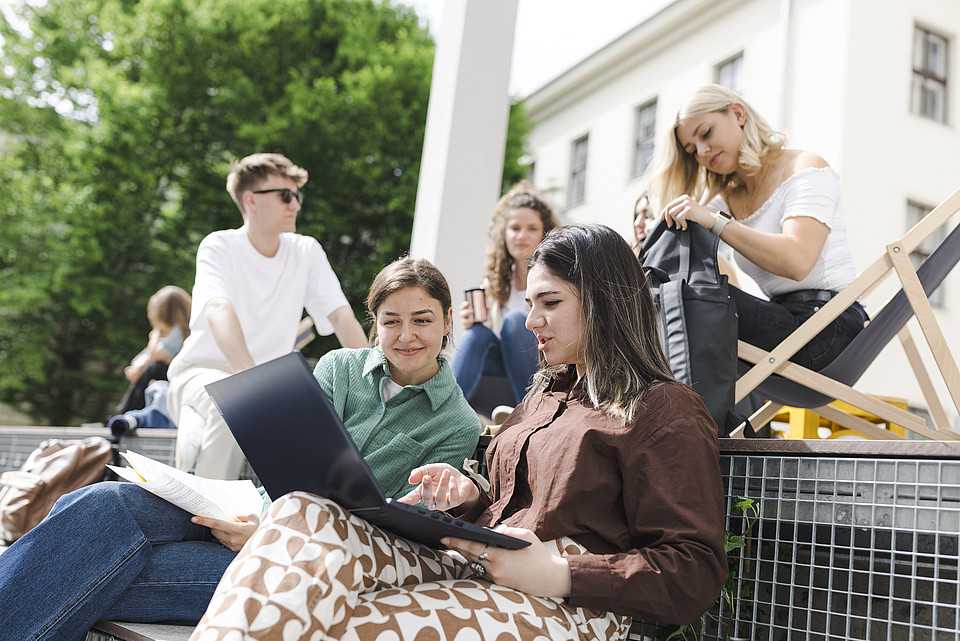 Studierende sitzen im Freien und diskutieren über Laptop gebeugt
