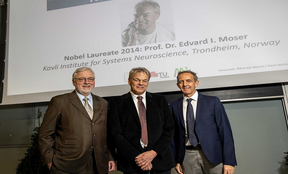 BioTechMed-Direktor Rudolf Zechner, Nobelpreisträger Edvard I. Moser und BioTechMed-Co-Direktor Robert Krause (v. l.) Fotos: BioTechMed-Graz/Lunghammer