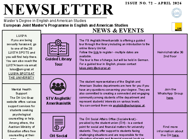 Monthly newsletter of the European Joint Masters Programme in English and American Studies for the month of April 2026 ©Uni Graz / Department of English Studies