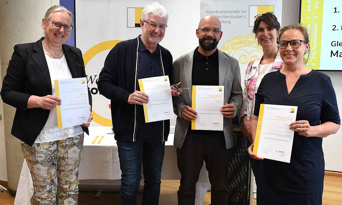Am Foto (v. l.): Anreizsystem 2025 – Platz 1: Gabriele Koiner (Institut für Antike), Nikolaus Reisinger (stellvertretender GEWI-Studiendekan), Georg Marschnig (Leiter des Instituts für Geschichte), Vizerektorin Mireille van Poppel und Judith Laister (Institut für Kulturanthropologie und Europäische Ethnologie) 