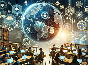 The image shows a modern classroom where students are mentally engaging with technology and illustrates the integration of digital ethics and education through symbolic images of connectivity and traditional learning tools. ©Uni Graz/Eugen Dolezal