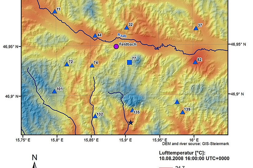 Zwölf WegenerNet-Stationen (blaue Symbole) im Raum Feldbach messen den Wind: Als „Ankerpunkte“ zusammen mit weiteren Daten wie dem Temperaturfeld (rot) sind sie Grundlage der Luftströmungsrechnungen. Quelle: Wegener Center, 2017