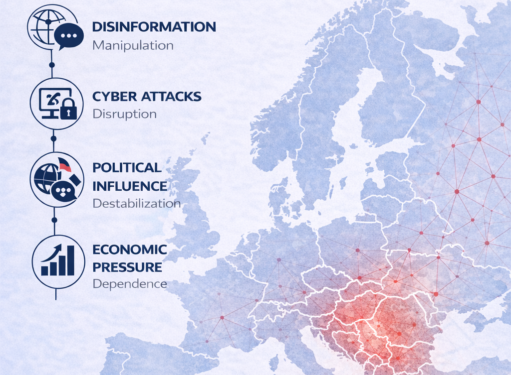 The background features a map of Europe, with the Western Balkans and Eastern Europe highlighted in red, indicating a region of particular focus or vulnerability. ©@ Denur Paçaku, 