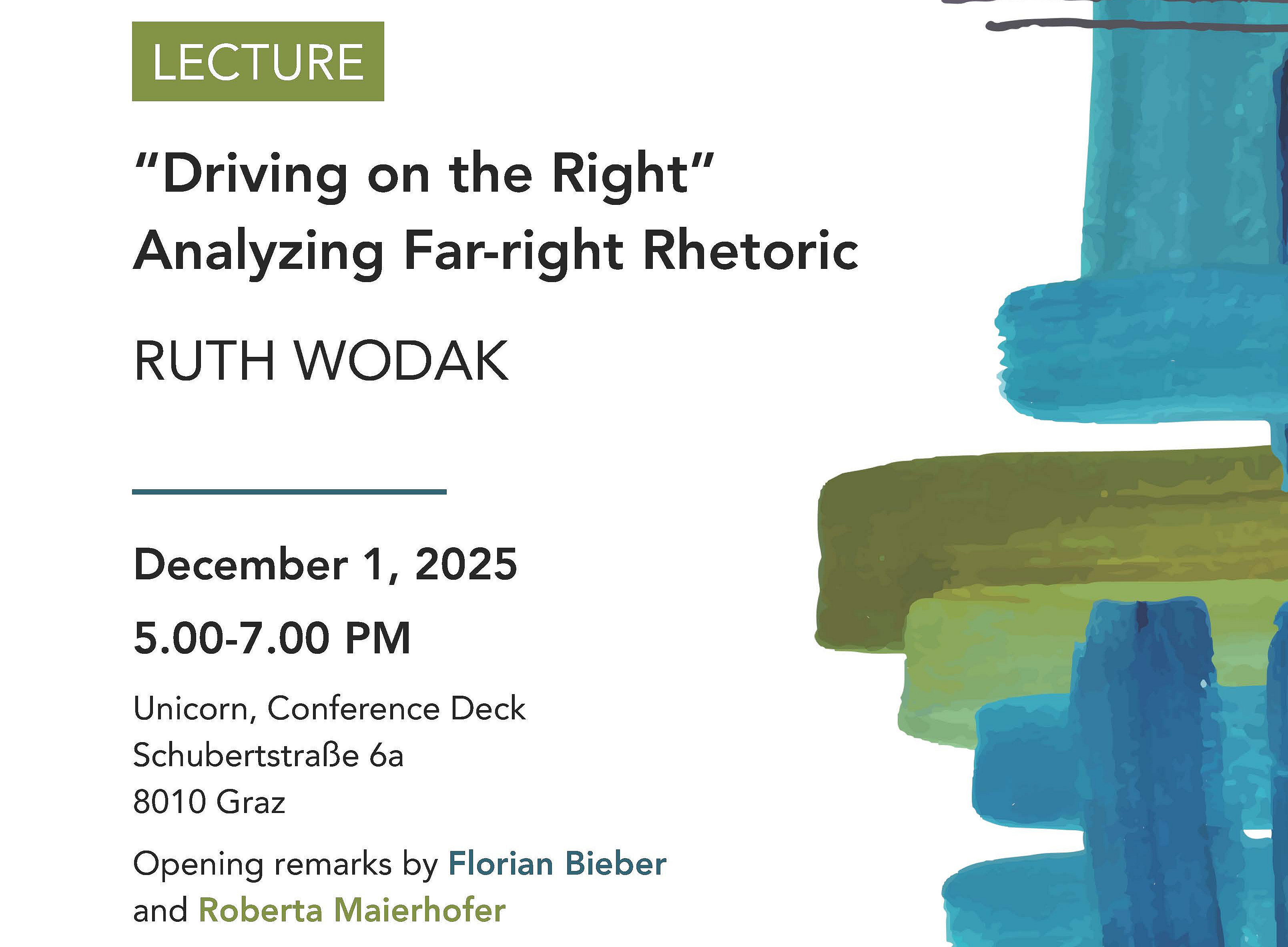 The design of the poster features abstract, colorful brushstrokes in shades of blue and green, giving it a modern and artistic appearance. 