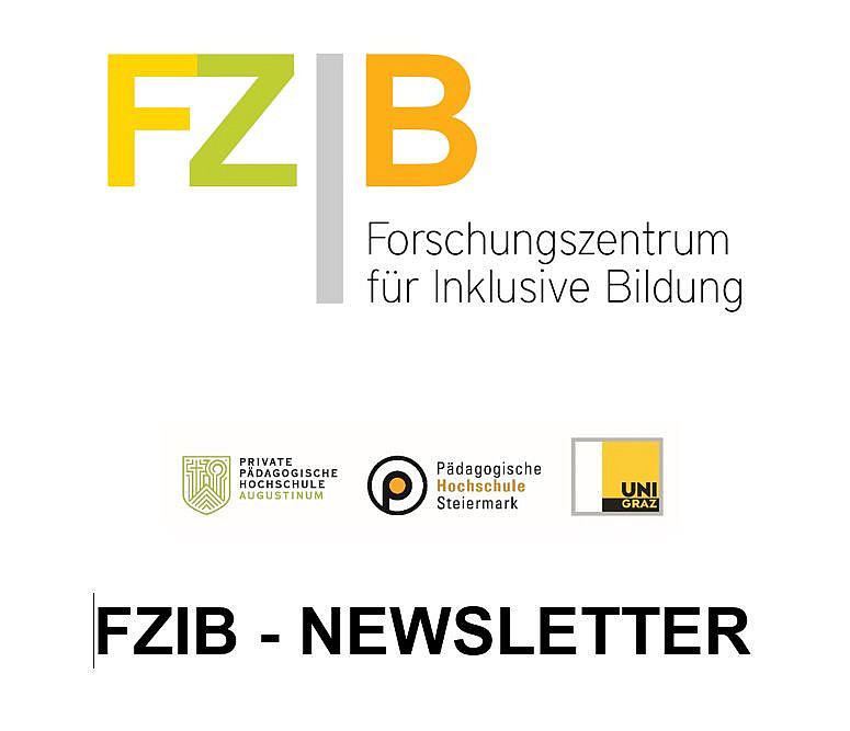 Färbiger Text FZIB Newsletter mit Logos Uni Graz, PHSt und PPH 