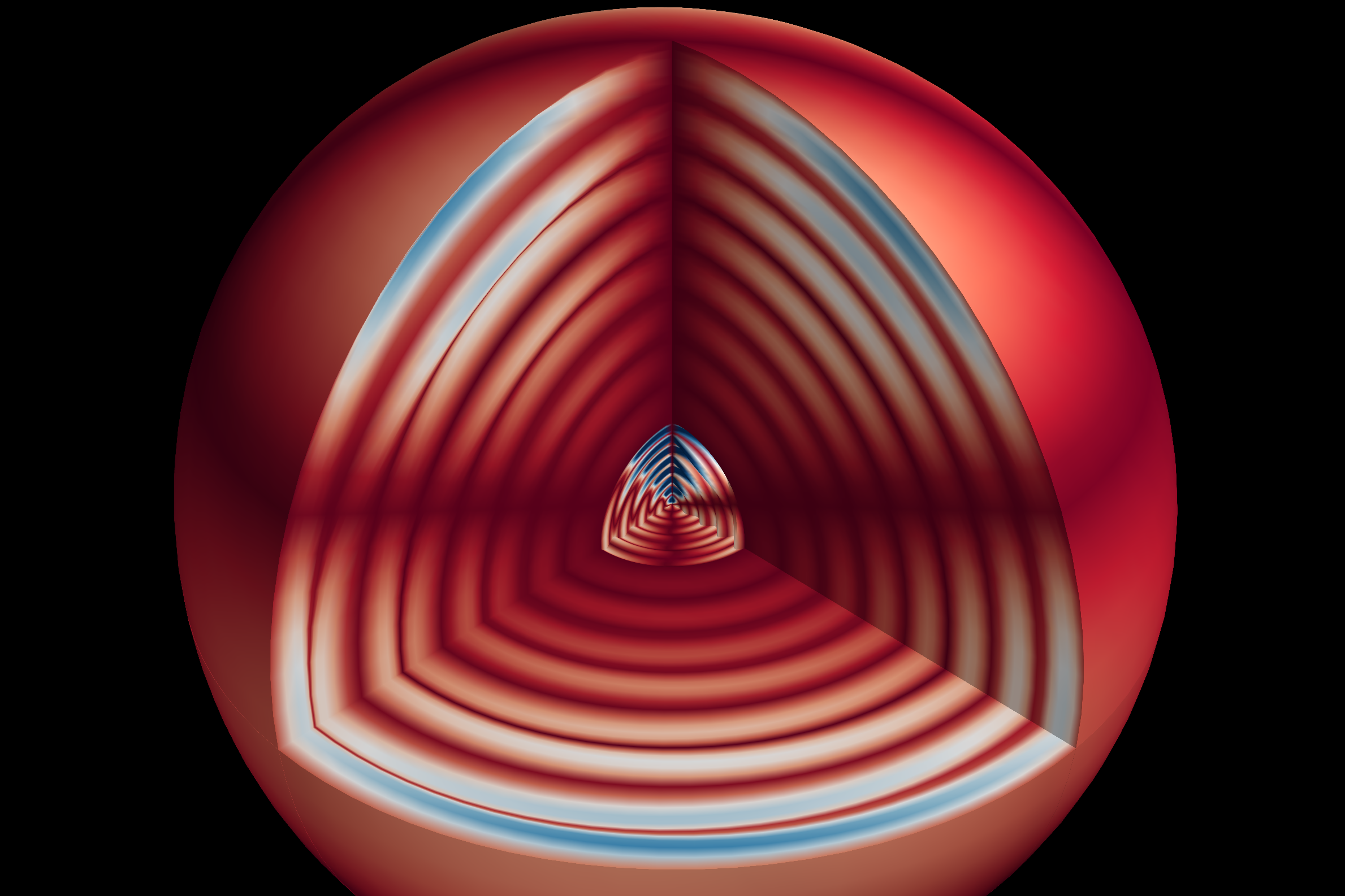 Schematic representation of the propagation of natural oscillations in a red giant star. While the waves travel through the thinner outer layers as sound waves, the core oscillates in the form of gravity waves. Image: Press release zu Beck et al. 2011, Science; Artist: P. Degroote 