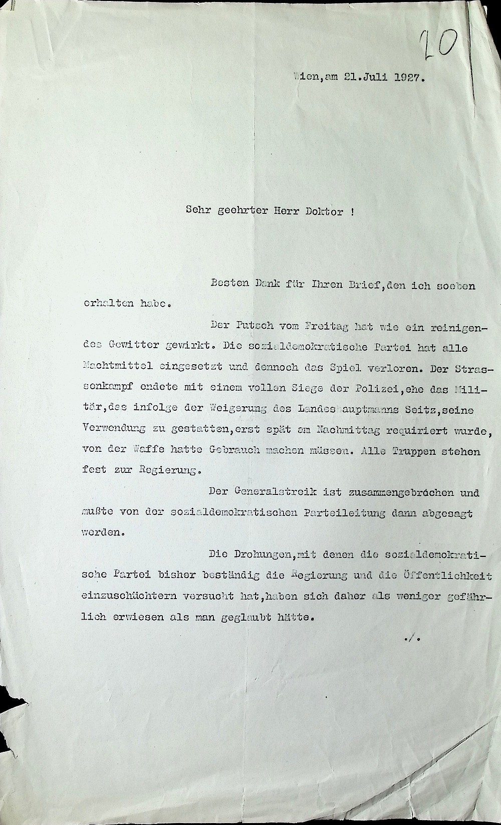 Brief von Ludwig von Mises an Fritz Georg Steiner vom 21.Juli 1927, Teil 1/2. ©Österreichisches Staatsarchiv