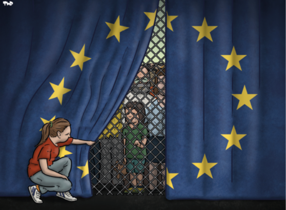EU-Fahne hinter Gittern 