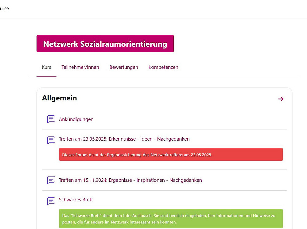 Moodle-Screenshot: Netzwerk Sozialraumorientierung, Bereich "Allgemein" mit Ankündigungen, Forum zum Netzwerktreffen, Ergebnisse, Inspirationen, Nachgedanken; Schwarzes Brett ©Bernd Hillebrand