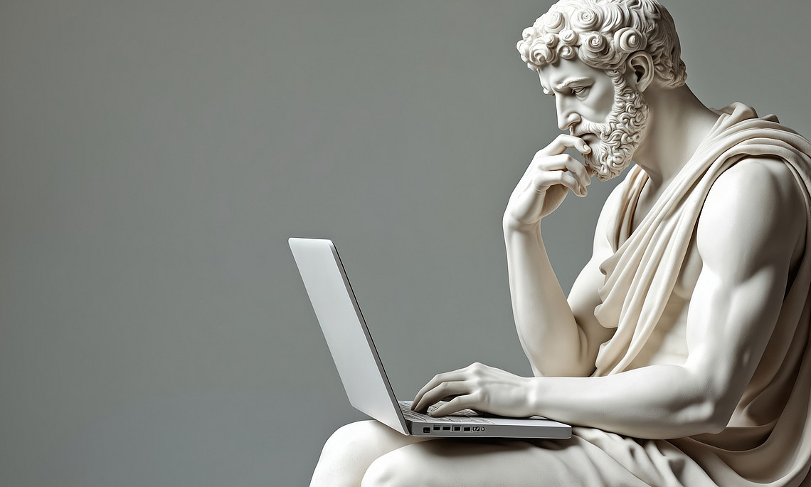 A classic-looking marble sculpture of a pensive man in ancient garb sits sideways on a pedestal and works on a modern laptop. The sculpture shows detailed facial features, curly hair and muscular arms. The scene is humorously staged by combining ancient aesthetics with modern technology.