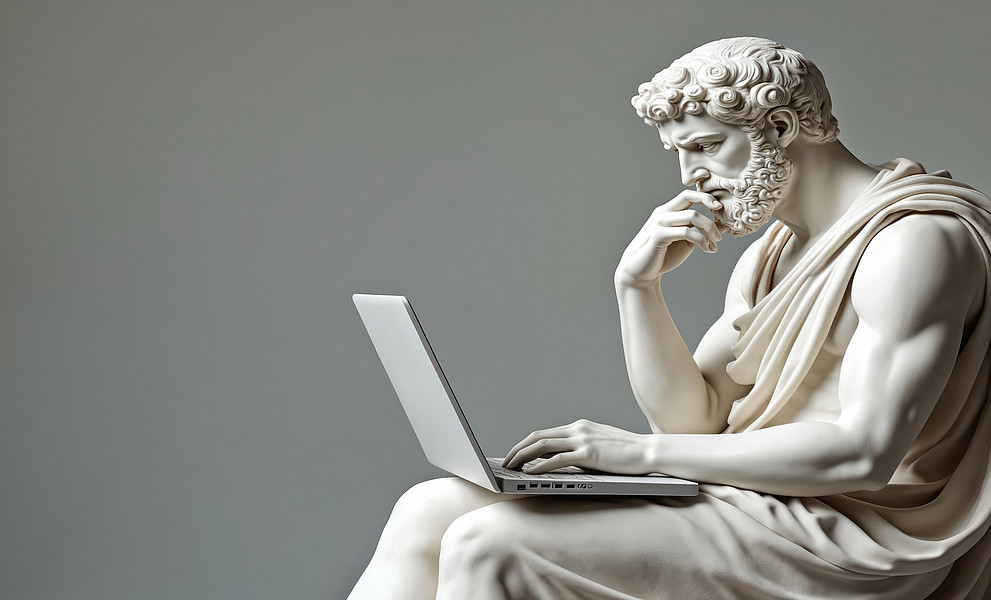 Eine klassisch anmutende Marmorskulptur eines nachdenklichen Mannes in antiker Gewandung sitzt seitlich auf einem Sockel und arbeitet an einem modernen Laptop. Die Skulptur zeigt detaillierte Gesichtszüge, gelocktes Haar und muskulöse Arme. Die Szene ist humorvoll inszeniert durch die Kombination von antiker Ästhetik mit moderner Technologie.