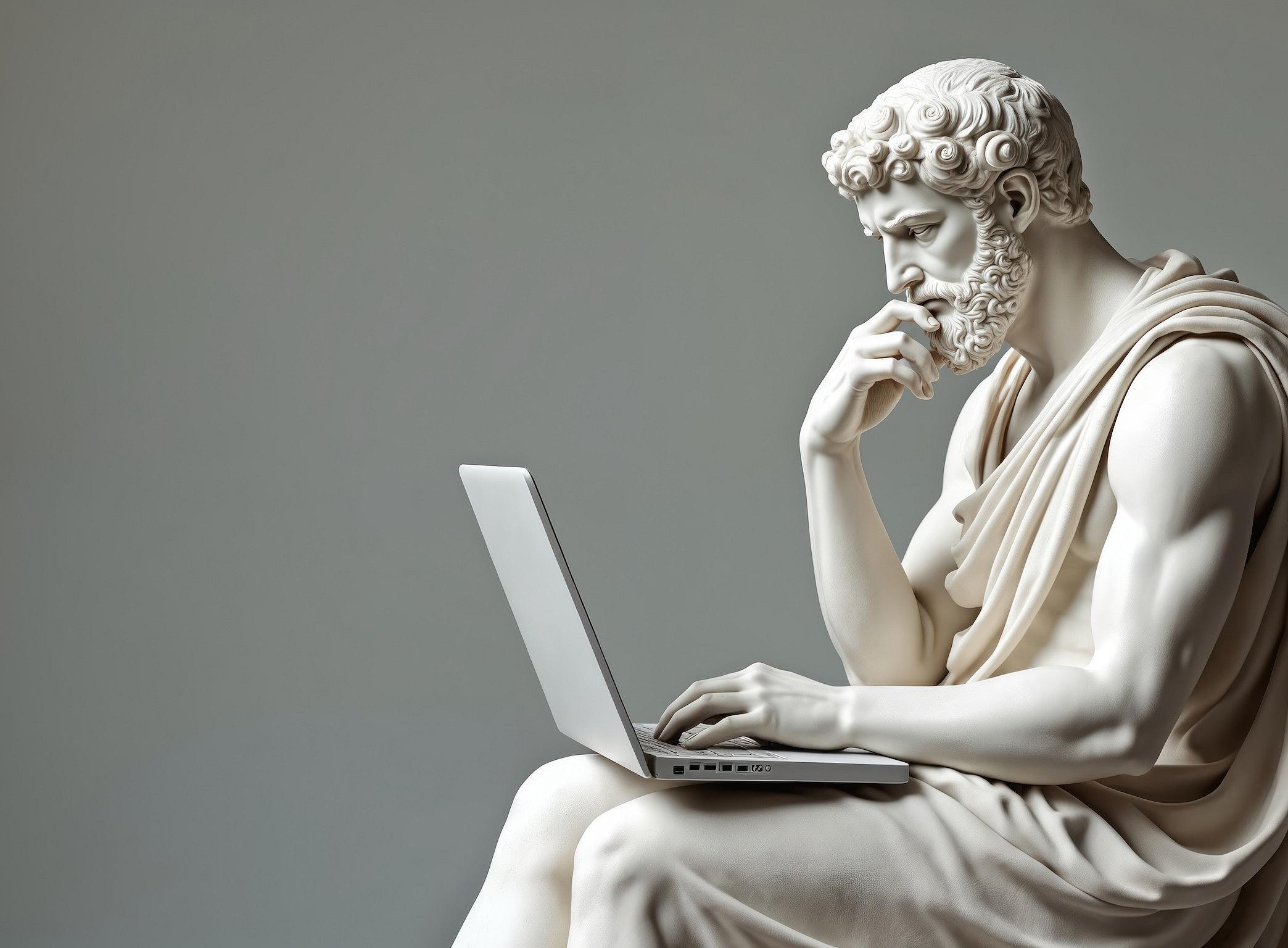 Eine klassisch anmutende Marmorskulptur eines nachdenklichen Mannes in antiker Gewandung sitzt seitlich auf einem Sockel und arbeitet an einem modernen Laptop. Die Skulptur zeigt detaillierte Gesichtszüge, gelocktes Haar und muskulöse Arme. Die Szene ist humorvoll inszeniert durch die Kombination von antiker Ästhetik mit moderner Technologie. 