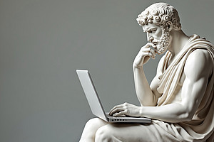A classic-looking marble sculpture of a pensive man in ancient garb sits sideways on a pedestal and works on a modern laptop. The sculpture shows detailed facial features, curly hair and muscular arms. The scene is humorously staged by combining ancient aesthetics with modern technology.