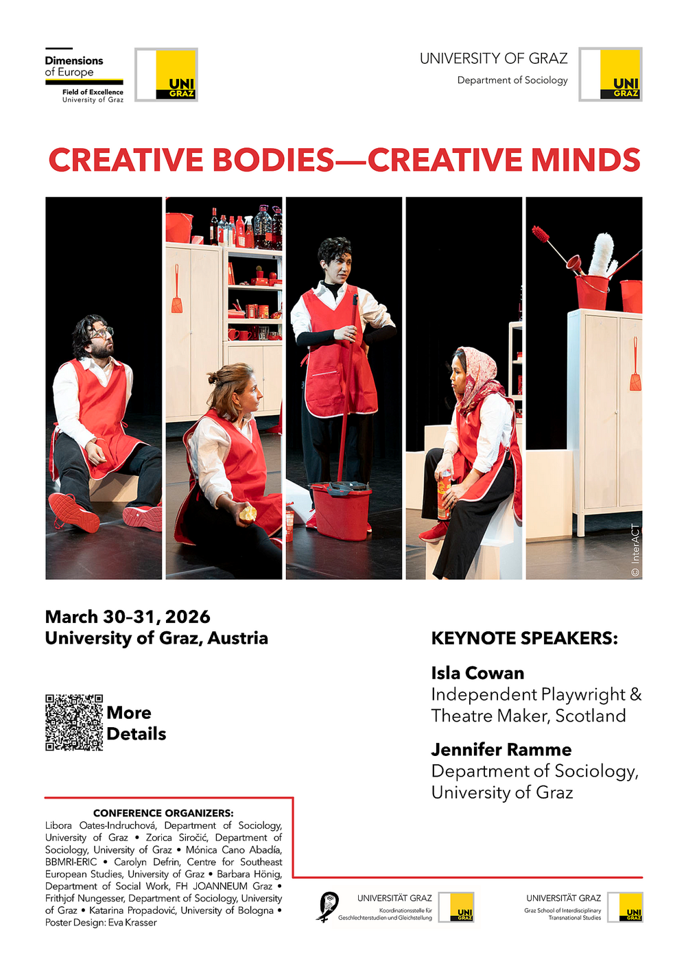 Vier Personen in roten Gewändern befinden sich auf einer schwarzen Bühne mit weißen Möbeln. Drei Personen sitzen, während eine Person steht und einen Mop in den Händen hält. Im Hintergrund sind zahlreiche Putzutensilien und Gegenstände in Rot zu sehen. ©Photographic material: InterACT; Poster design: Eva Krasser, Department of Sociology