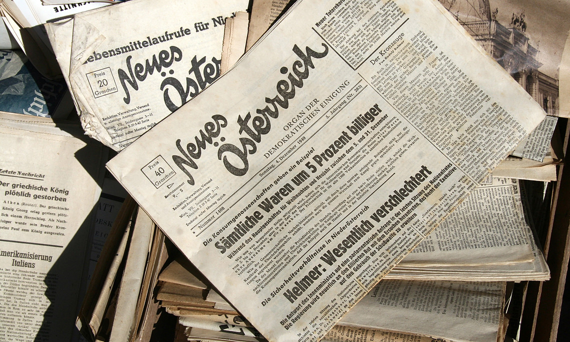 Am 21. April 1945 wurde die Tageszeitung "Neues Österreich" gegründet, gänzlich unabhängig war sie jedoch nicht - Herausgeber waren die Parteien ÖVP, SPO und KPÖ. Foto: Manfred Werner/Wikimedia Commons CC0. 