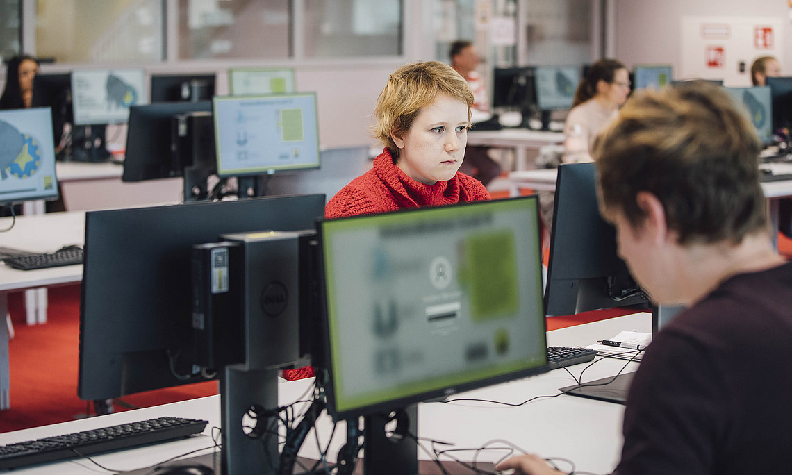 Studierende arbeiten am Computer der Universität Graz