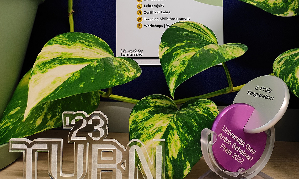 der Turn23-Award und daneben der Anton-Schellnast-Preis, dahinter grüne Pflanzen und das ZLK-Poster