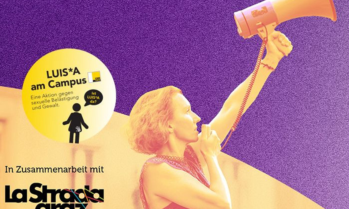 Frau mit Megafon in der Hand, gelb-lilafarberner Grund mit LUIS*A-Sticker