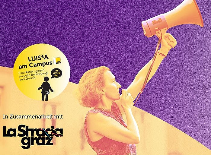 Frau mit Megafon in der Hand, gelb-lilafarberner Grund mit LUIS*A-Sticker 