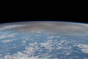 The atmospheric plume from the eruption of the underwater volcano Hunga in the Pacific nation of Tonga, pictured from the International Space Station ISS