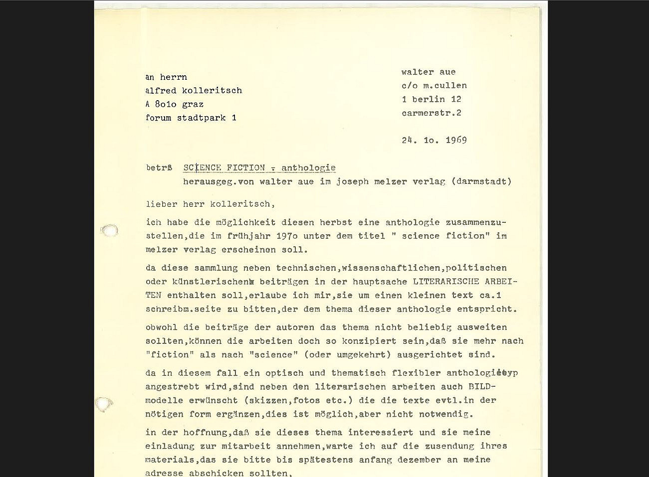 Brief von Walter Aue an Alfred Kolleritsch 