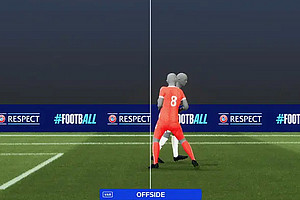 Ein computergeneriertes Foto einer Abseitssituation im Fußball mit einer Linie, die die Position des Spielers im Abseits kennzeichnet.