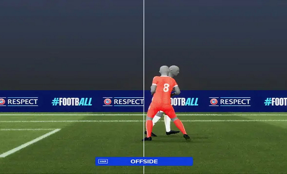 Ein computergeneriertes Foto einer Abseitssituation im Fußball mit einer Linie, die die Position des Spielers im Abseits kennzeichnet.