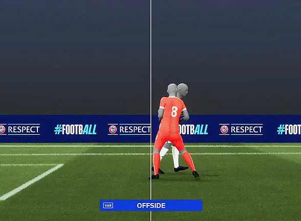 Ein computergeneriertes Foto einer Abseitssituation im Fußball mit einer Linie, die die Position des Spielers im Abseits kennzeichnet. 