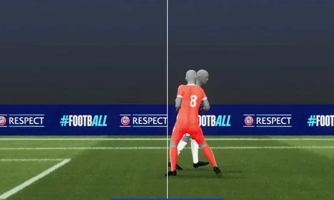 Ein computergeneriertes Foto einer Abseitssituation im Fußball mit einer Linie, die die Position des Spielers im Abseits kennzeichnet.