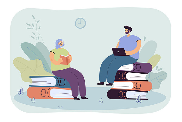 Illustration von zwei Personen, die auf großen Bücherstapeln sitzen und lesen bzw. einen Laptop dabeihaben; im Hintergrund ist eine Wanduhr zu sehen