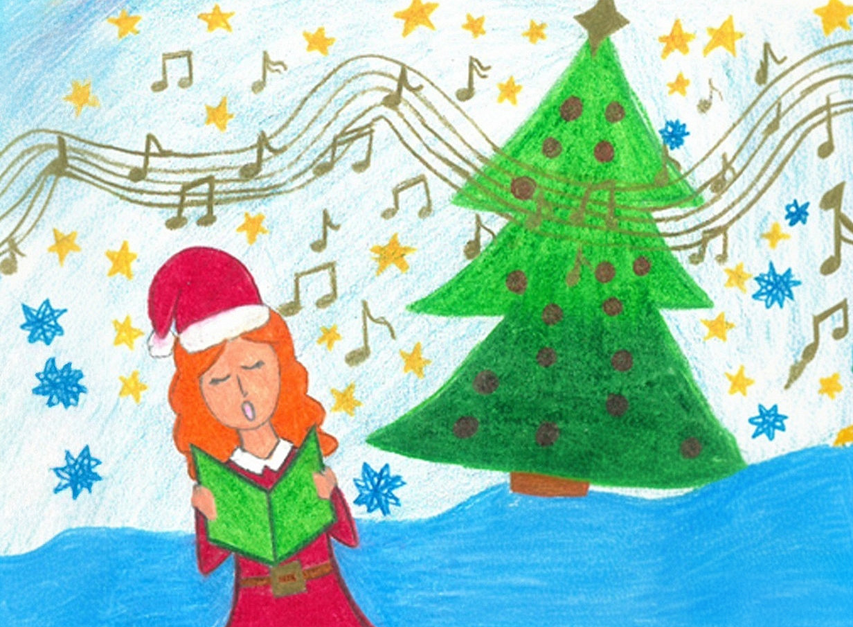 Farbenfrohe Zeichnung einer weihnachtlichen Szene: Ein geschmückter grüner Tannenbaum steht vor einem Hintergrund aus goldenen Sternen, blauen Schneeflocken und geschwungenen Notenlinien. Im Vordergrund hält eine Person in rotem Gewand und Weihnachtsmütze ein grünes Buch. 