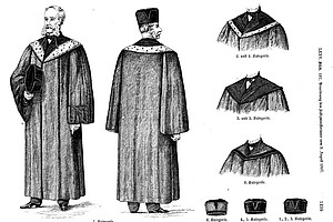 Historical copperplate engraving of robes for judges, black and white illustration, line drawing, flat design, front view and side views of a man wearing a robe with a cape over his shoulders and a cap on his head, in different poses, character sheet for book cover design in print style