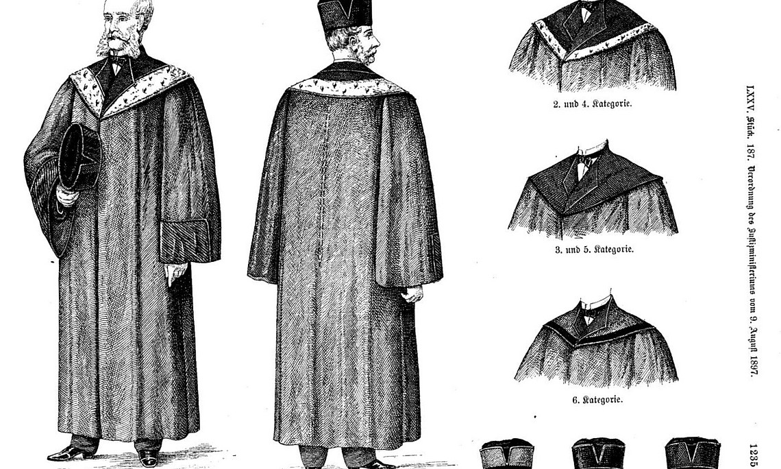 Historical copperplate engraving of robes for judges, black and white illustration, line drawing, flat design, front view and side views of a man wearing a robe with a cape over his shoulders and a cap on his head, in different poses, character sheet for book cover design in print style