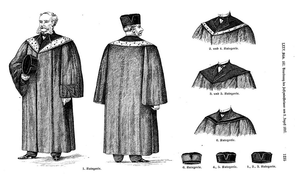Historische Kupferstich von Talaren für Richter, Schwarz-Weiß-Illustration, Strichzeichnung, flaches Design, Vorderansicht und Seitenansichten eines Mannes, der ein Gewand mit einem Umhang über den Schultern und einer Kappe auf dem Kopf trägt, in verschiedenen Posen, Charakterblatt für Buchumschlaggestaltung im Druckstil