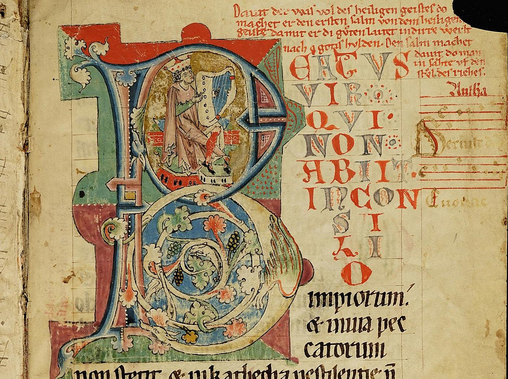 Mittelalterlicher Text, Initial, großer verzierter Anfangsbuchstabe symbolisiert den Fachbereich Germanistische Mediävistik ©UB Graz, Ms. 204, fol. 1r 
