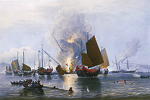 Die Raddampferfregatte der Britischen Ostindien-Kompanie Nemesis (rechts) beschießt chinesische Dschunken in Anson's Bay, 7. Januar 1841.