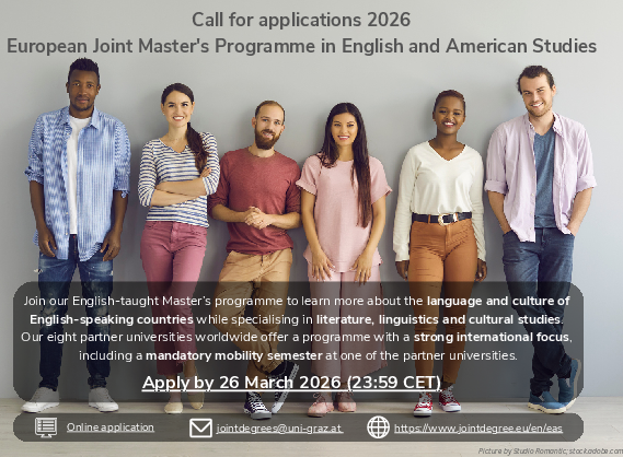 call for applications 2026 for the european joint masters programme in english and american studies announcing the deadline for application and providing facts and figures about the programme ©International Relations Office / Uni Graz