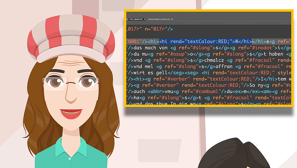 Kopf einer Frau mit einer gestreiften Kappe neben einer Tafel mit XML-Code. ©CC-BY