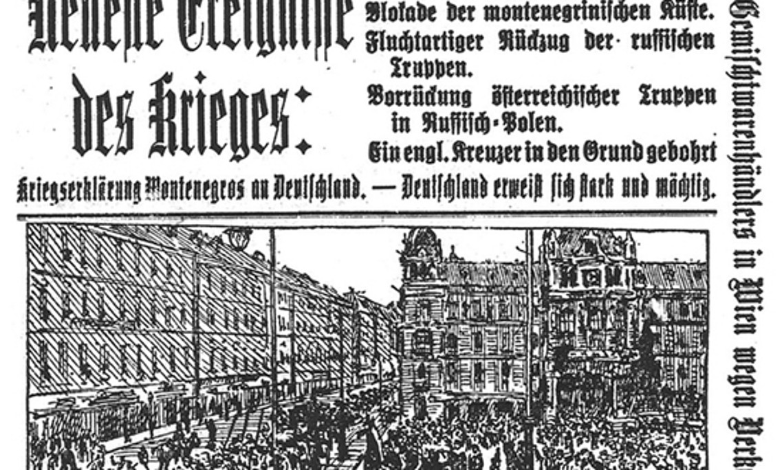 Ein Bild ohne Worte aus bewegten Tagen: Der Grazer Hauptplatz in der Ausgabe der Kleinen Zeitung vom 13. August 1914. Quelle: Universitätsbibliothek Graz/Mediathek