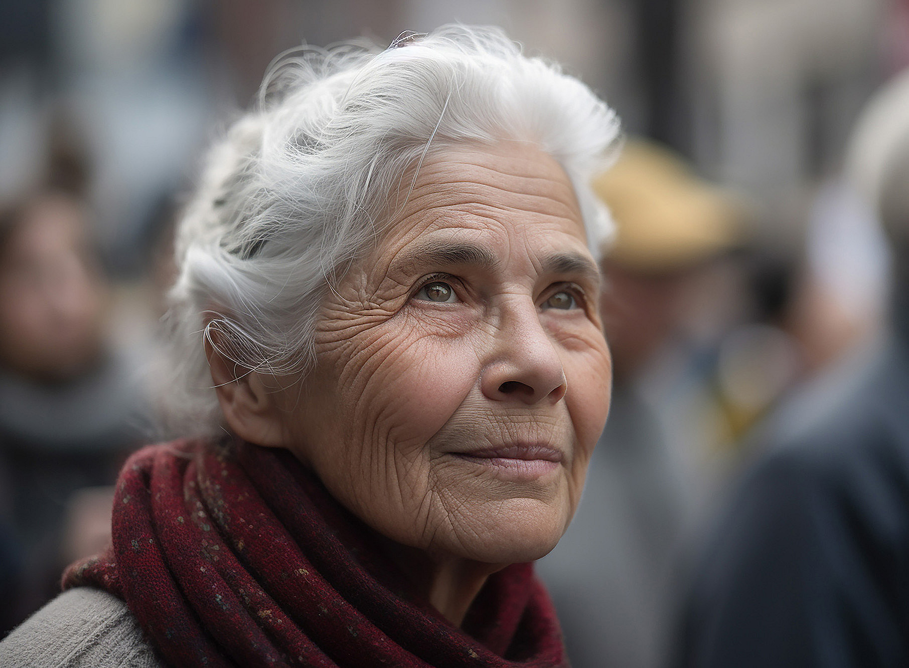 KI-Bild einer älteren Frau mit grauen Haaren in einer Menschenmenge, düstere Atmosphäre ©hellame/stock.adobe.com