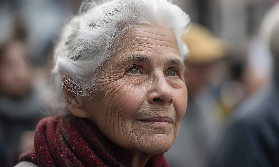 Old woman with grey hair in the crowd, gloomy, sinister atmosphere