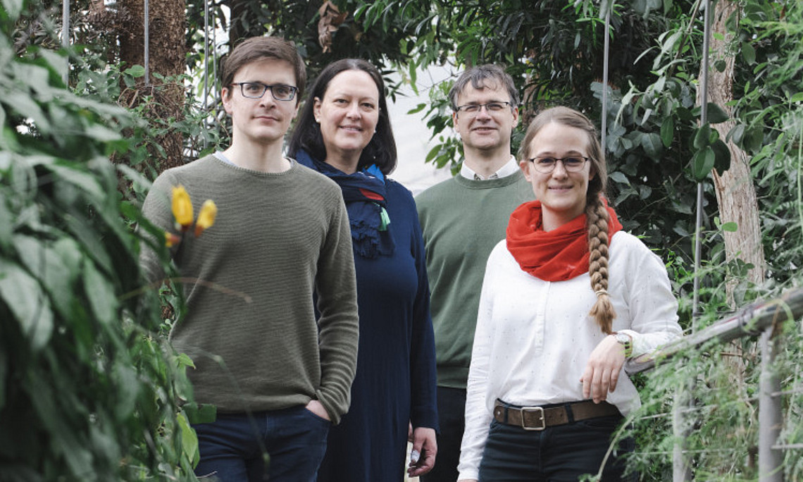 Christoph Winkler, Silvia Glück, Wolfgang Kroutil und Sarah Bierbaumer (v.l.) haben einen grünen Turbo für die Pharmaindustrie entwickelt. Foto: Uni Graz/Tzivanopoulos.