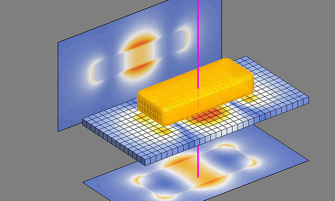Schematische Darstellung der Tomographie von Nanoteilchen. Ein Elektronenstrahl wird über das stäbchenförmige Nanoteilchen gerastert und erzeugt zweidimensionale Aufnahmen der Plasmon-Felder aus verschiedenen Richtungen. Diese 2D-Bilder ermöglichen da