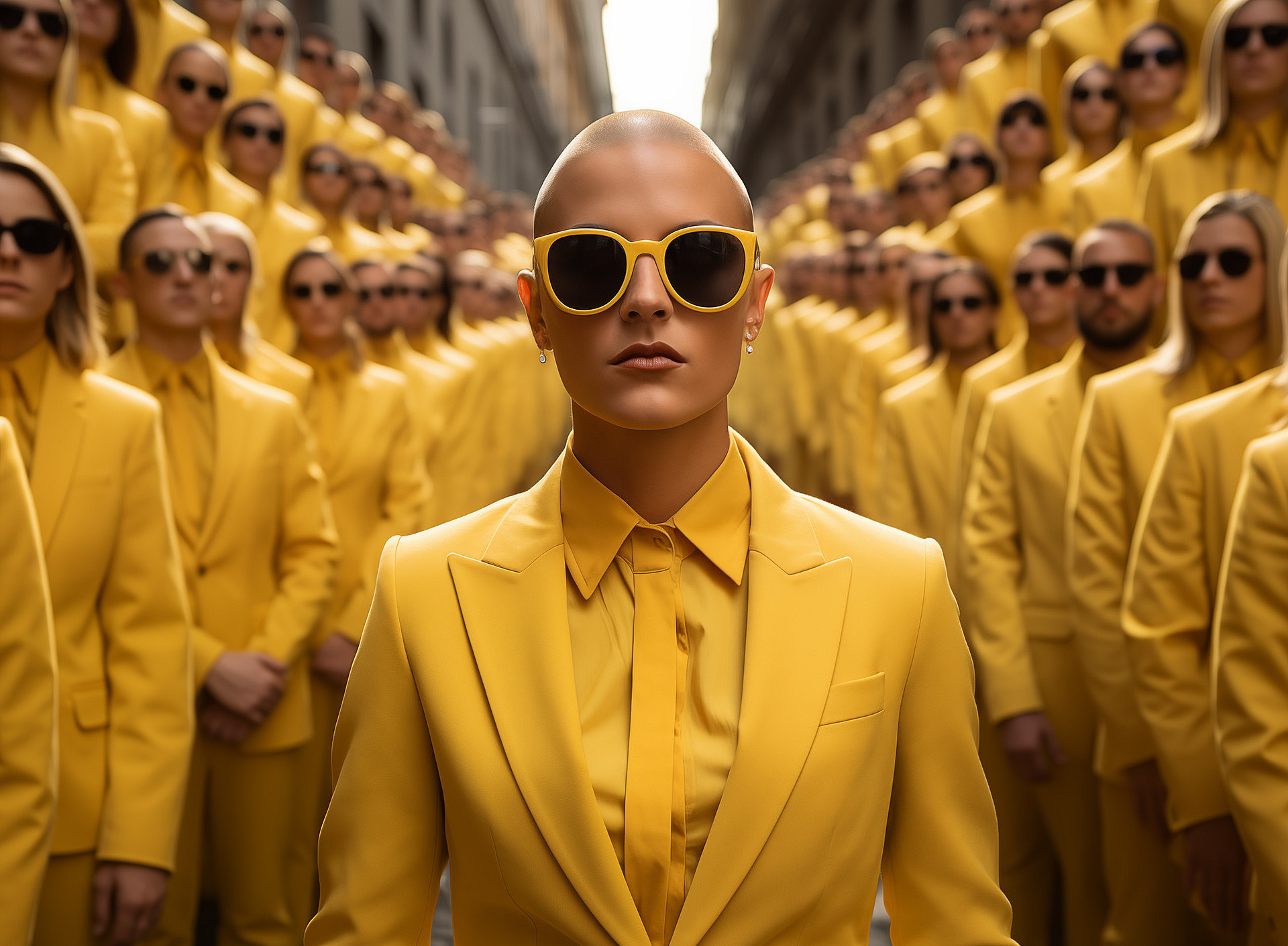 KI-generiertes Bild von gelb gekleideten androgynen Personen 