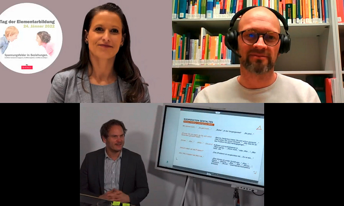 Screenshot der Videokonferenz: zu sehen sind Sarah Rückl, Dennis Epping und Christoph Burmann.