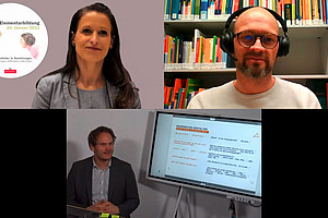 Screenshot der Videokonferenz: zu sehen sind Sarah Rückl, Dennis Epping und Christoph Burmann.