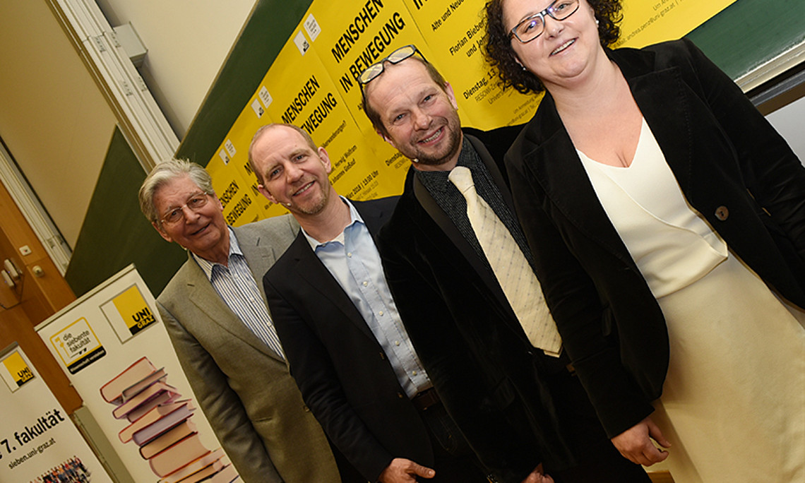 Wenn Menschen unterwegs sind: Herwig Wolfram, Florian Bieber, Johannes Gießauf, Andrea Penz (7. fakultät) Foto: Uni Graz/Schweiger 