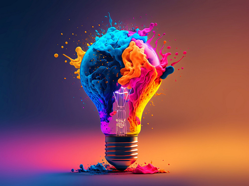 Glühbirne explodiert in allen Farben vor violett orangem Hintergrund und symbolisiert die Forschung im Bereich der Generativen Linguistik ©CROCOTHERY - stock.adobe.com