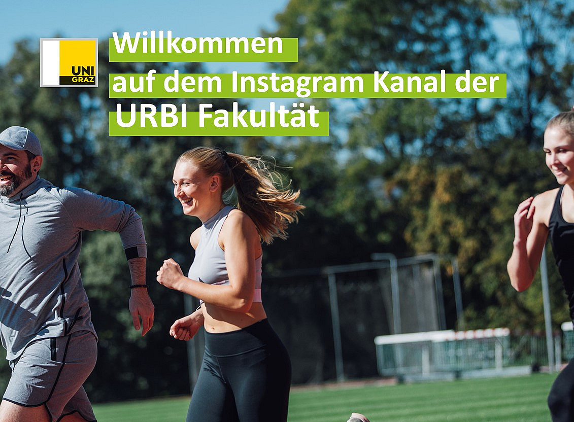 Studierende die bei Sonnenschein laufen. Mit Text: Willkommen auf dem Instagram Kanal der URBI Fakultät 